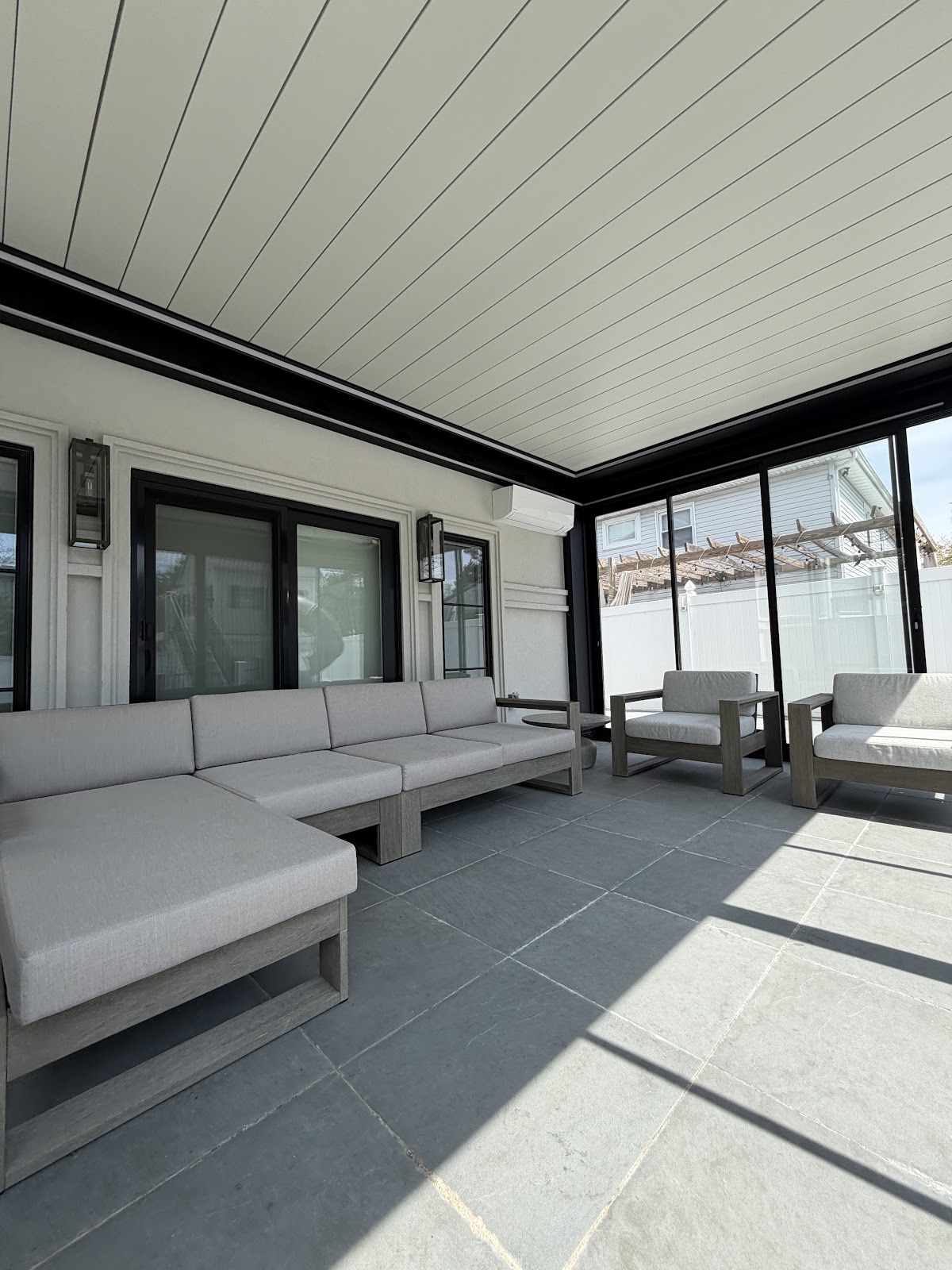 White pergola louvered ceiling interior